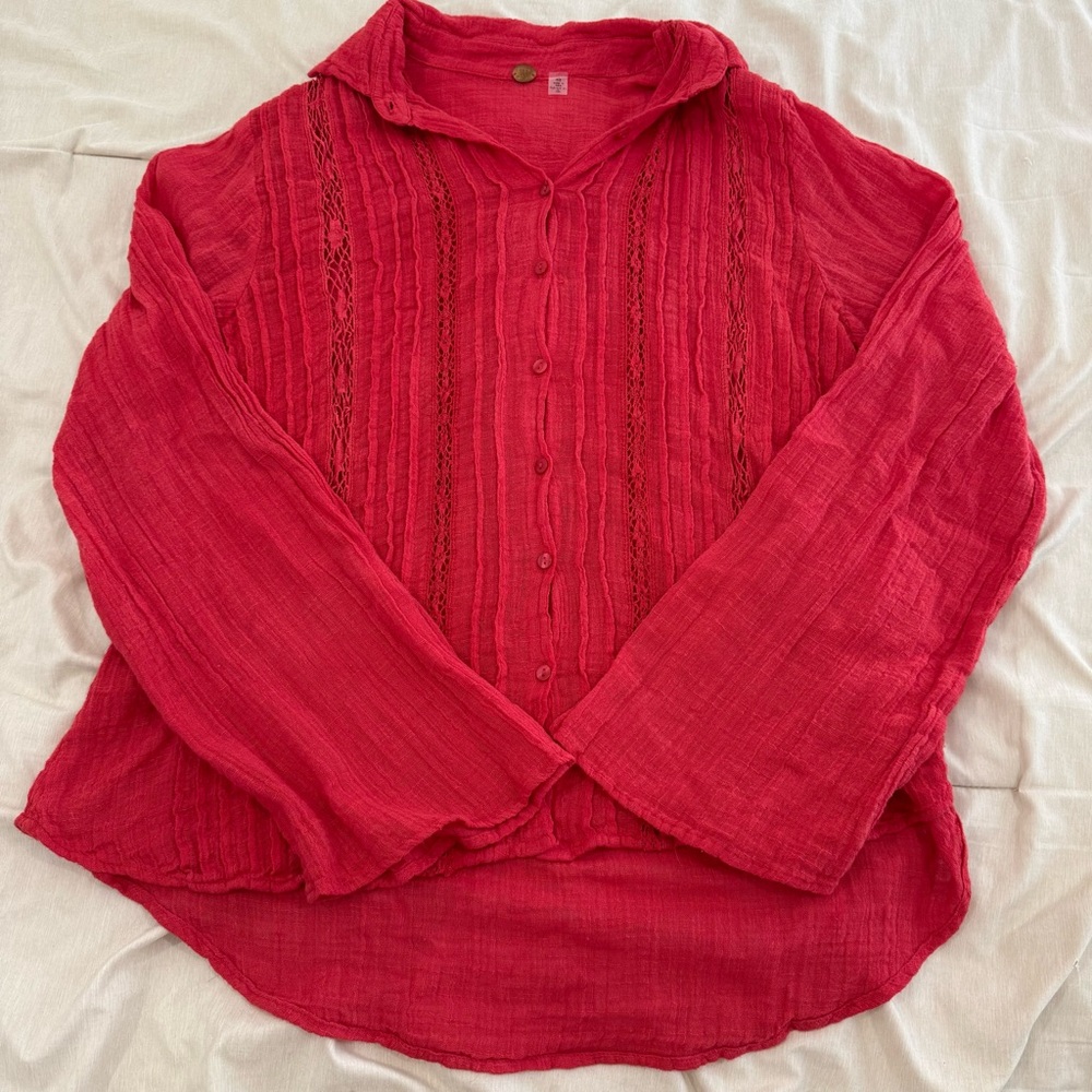 Free People FP One Mila Shirt Sugar Coral Red Button Down Size S